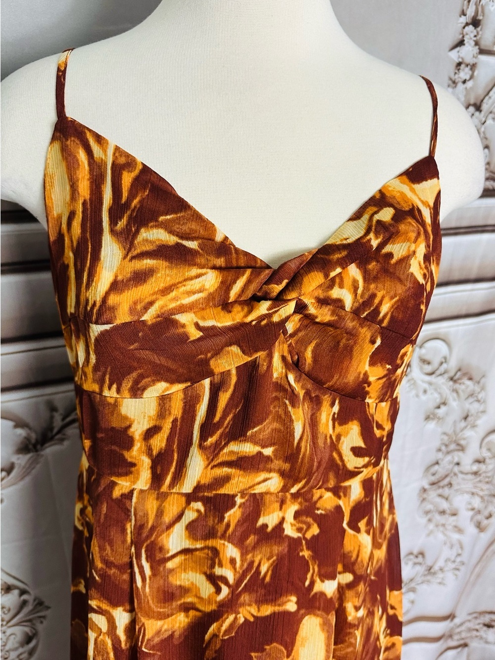 Brown Floral Maxi Slip Dress with Twisted Bodice - Picture 5 of 12